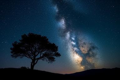 Tejútrendszer az éjszakai égbolton, alatta egy magányos fa sziluettje.