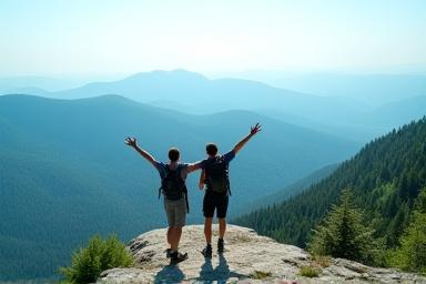 Két túrázó gyönyörködik egy hegyvidéki kilátásban, a távolban völgy és erdők.