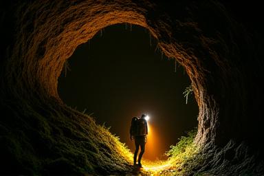 Egy túrázó barlang bejáratánál áll, zseblámpával világít a sötétbe. Elrejtett bejárat.