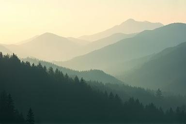 Magyar tájkép, dimbes-dombos vidék, alpesi stílusú erdőkkel és távoli hegyekkel, ködösen.