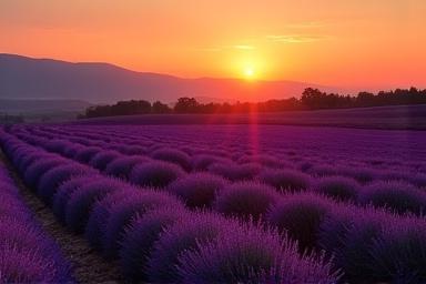 Lila levendulamező naplementében, háttérben ligetes erdő és hegyek.
