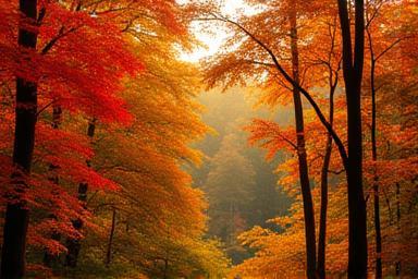 Őszi erdő arany és vörös levelekkel borítva, napsütéses időben.