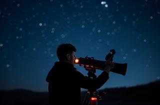 Tiszta éjszakai égbolt, tele csillagokkal, távcsővel megfigyelőkkel, mobil nézetre optimalizálva