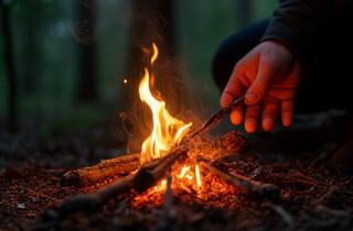 Emberek tüzet gyújtanak a vadonban túlélő kurzuson, mobil nézetre optimalizálva