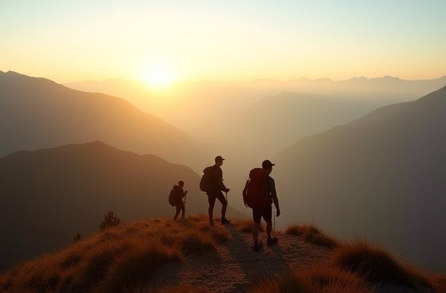 Napelemes túrázók egy hegygerincen, lenyűgöző tájjal